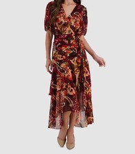Tahari ASL Women's Red Printed Ruched Chiffon Midi Dress Size 10