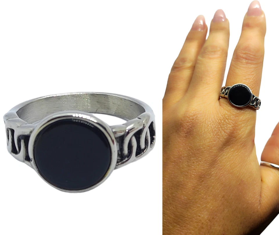 Anello in Acciaio Inox  Argento Pietra nera onice . anello uomo da nocca. - Immagine 2 di 4