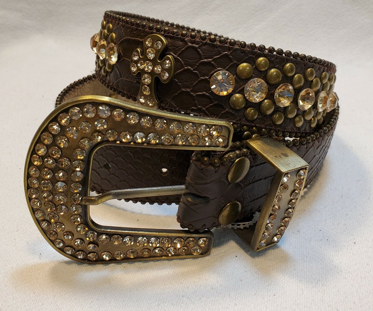 Brown leather belt with rhinestones and studs 3D Calf Hair Brown Genuine Leather Studs Amber Rhinestones  main image 4