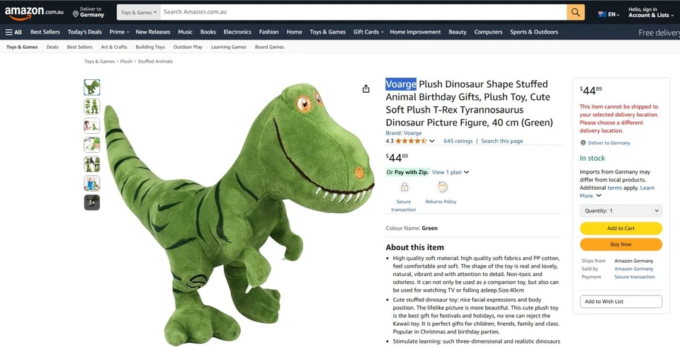 DINOSAURIER T-Rex TYRANNOSAURUS von VOARGE 40 cm DINO PLÜSCH - Bild 3 von 4