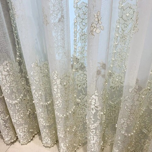2025 Beige Stripe Sheer Curtains with Black Edging Short Half Voile Curtain - Picture 7 of 21