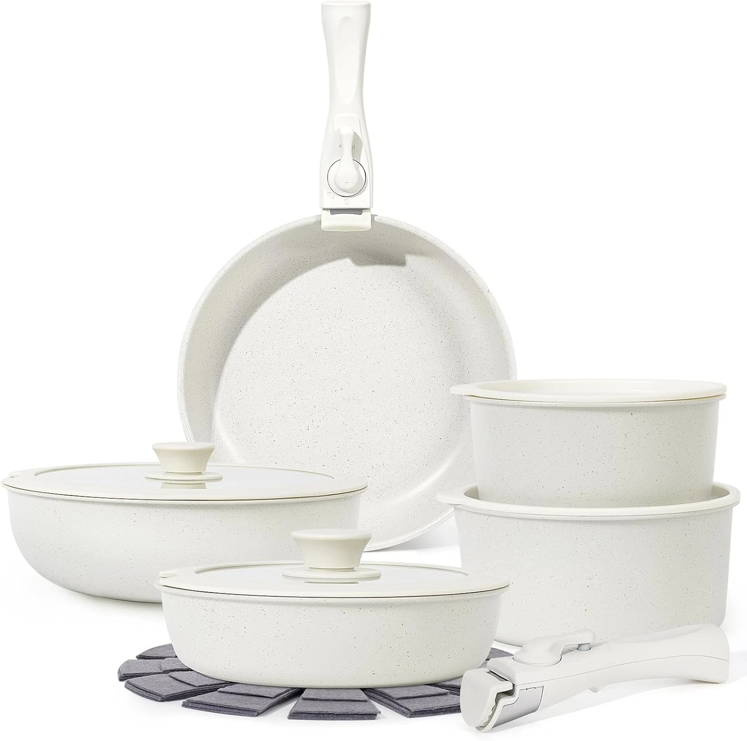 15Pcs Non Stick Pots and Pans Set, Cookware Sets with Detachable Handle in White
