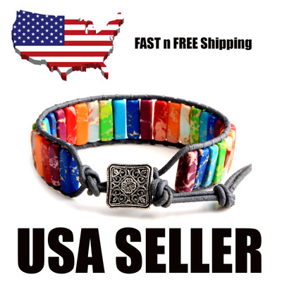 7 Chakra Yoga Bracelet Imperial Jasper Healing Stones Gray Leather Button E17