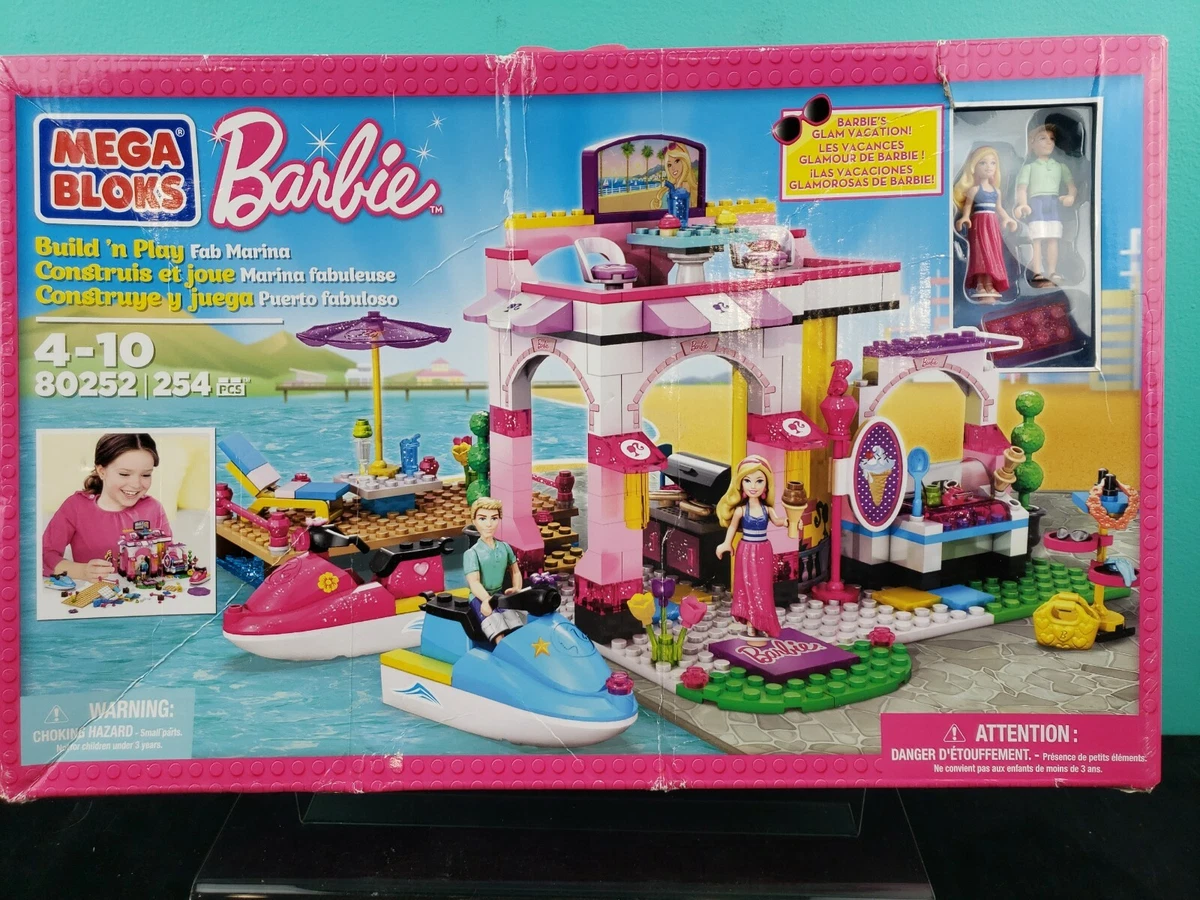 Mega Bloks Barbie Build 'n Play Fab Marina Jet Ski Ken Blocks 80252 254 Pcs  New