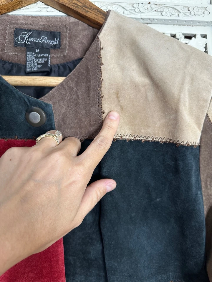 Chaqueta de Cuero Gamuza Retazos Artísticos Terrosos Neutros De Colección Talla Mediana Foto 4 de 4