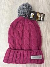 NWT CAT Caterpillar Cable-knit Magenta Gray Pom Pom Outdoor Winter Beanie Hat