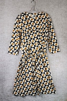 Diane Von Furstenberg Knit Silk Wrap Dress Womens 10 Black Tan Modern Retro