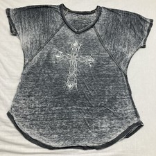 Vocal Y2K Gray Rhinestone Cross T Shirt Embellished S/S Top Made in USA Sz XL