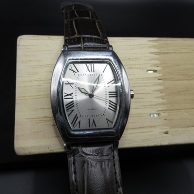Stylish Tonneau Silver-Tone Watch with Brown Croc Embossed Leather Strap Quartz