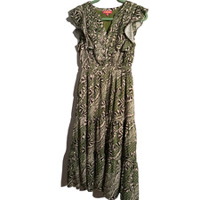 THML Medium Green Leaf Print Tiered Flutter Sleeve Dress Boho Resort Tropical