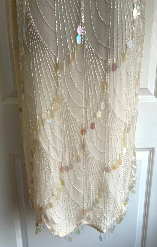 Vintage Oleg Cassini 1980s Ivory Sequin Cocktail Dress Size 12 Gatsby Wedding - Image 4 of 4