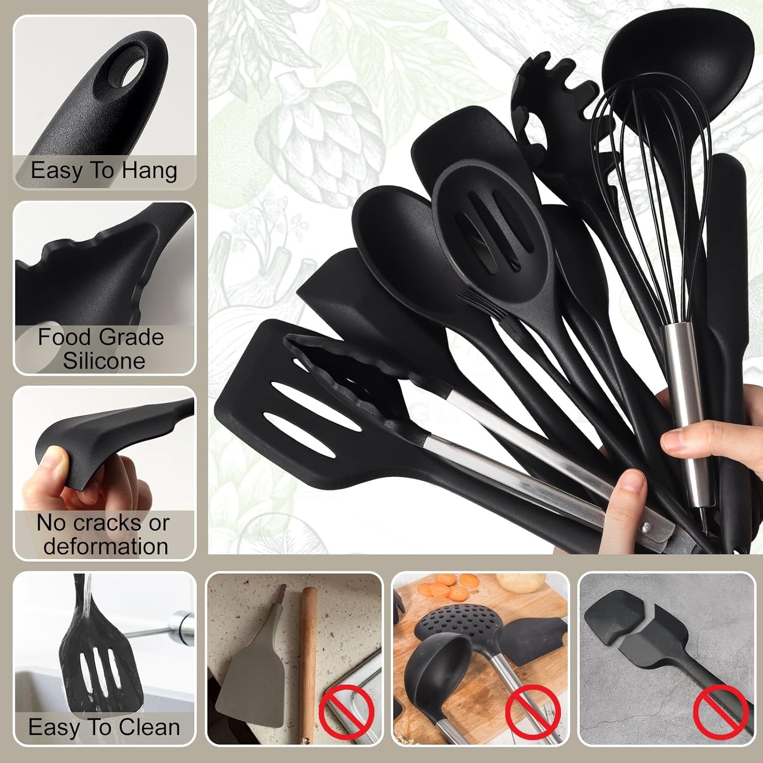 HaWare Set di 6 utensili da cucina in silicone con manico in acciaio inossidabile, resistenti al calore, per pentole antiaderenti, mestolo, cucchiaio, pasta, lavabile in lavastoviglie, grigio