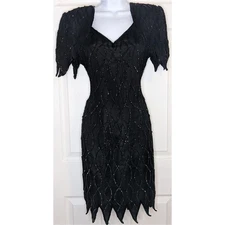 Mark & John by Gopal Vintage Black Sequined Beaded Silk Cocktail Evening Dress L