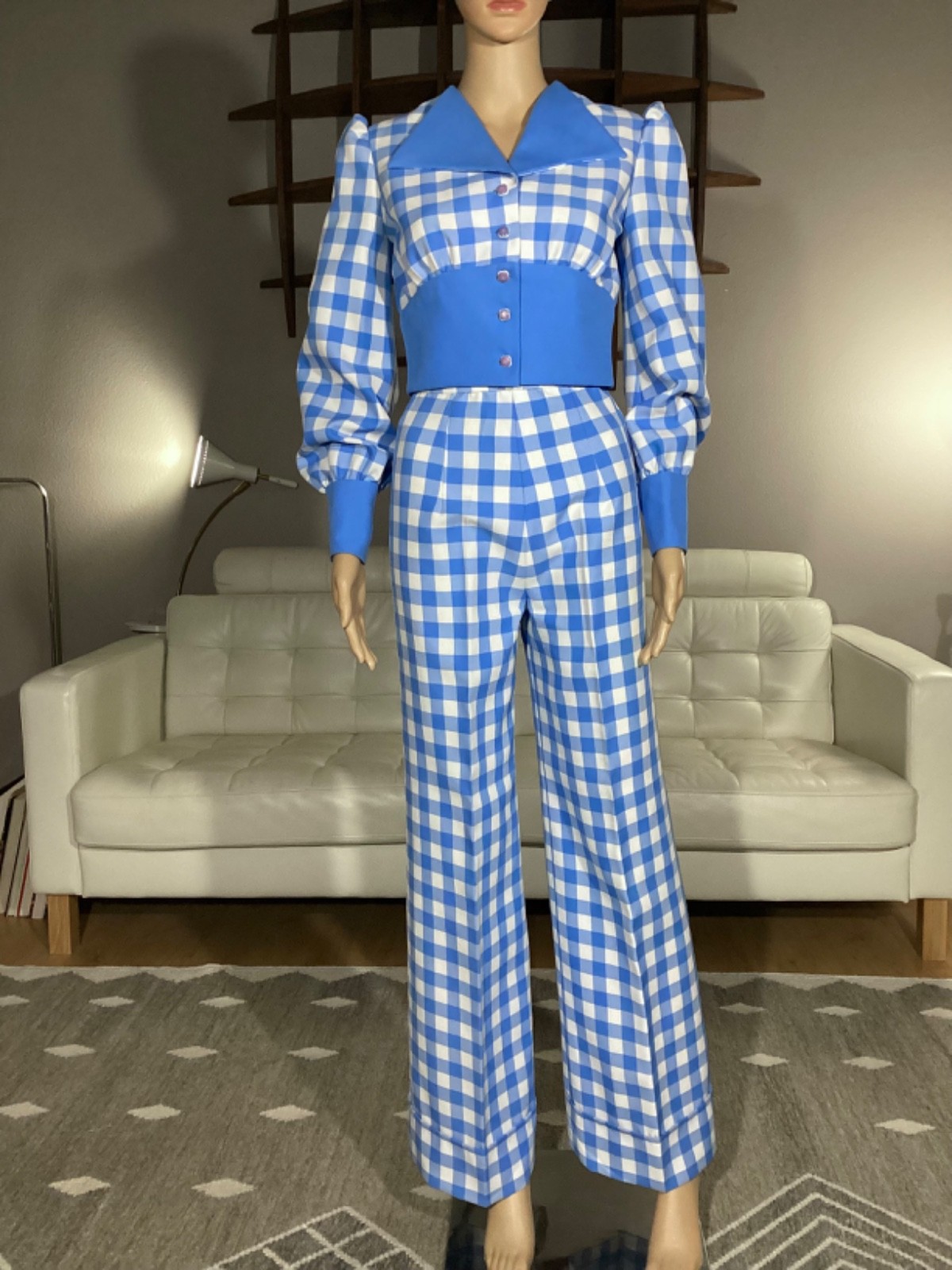 Vintage 1970's Blue & White Check Cropped Button Up Top & Wide Leg Pants Set