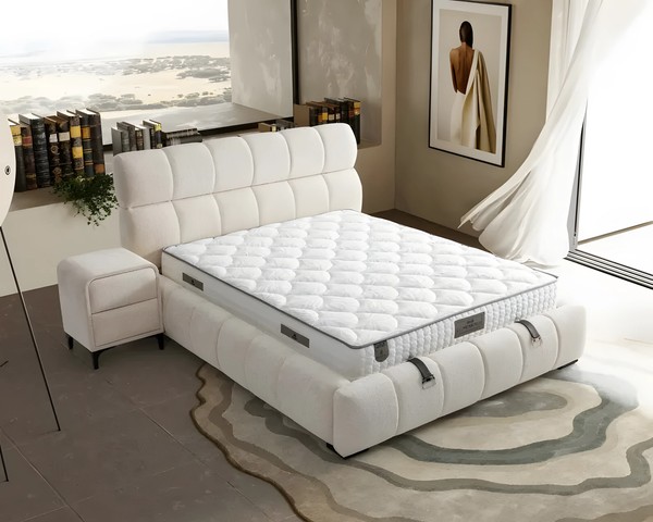 Elegantes Blaues Bett Mit Matratze Aus Textil Und Holz-image