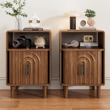 Nightstand Set of 2, Small Bedside Table with Door, Fluted Side Table