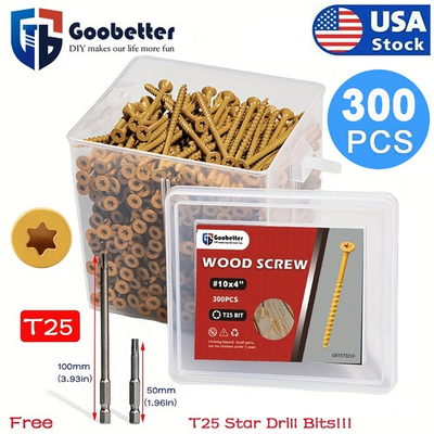 #ad 300pcs Torx T25 Star Flat Head 10*4quot; Yellow Wood Screw Deck Screws Furniture DIY $39.59