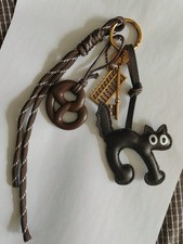Brown Leather Cat Bag Charm Keychain with Pretzel Charm and Tassel Key Ring