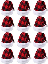 12 Pack Christmas Santa Hat Red and Black Buffalo Plaid Red and Black Plaid