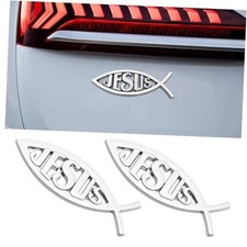 2pcs Jesus Fish Decal Sticker, 3D Faith Fish Emblem Sticker, Car Chrome Silver