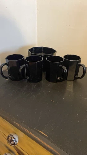 Set of Vintage Arcoroc France Black Octime Glass Mugs (4) and Glass Bowls (2)