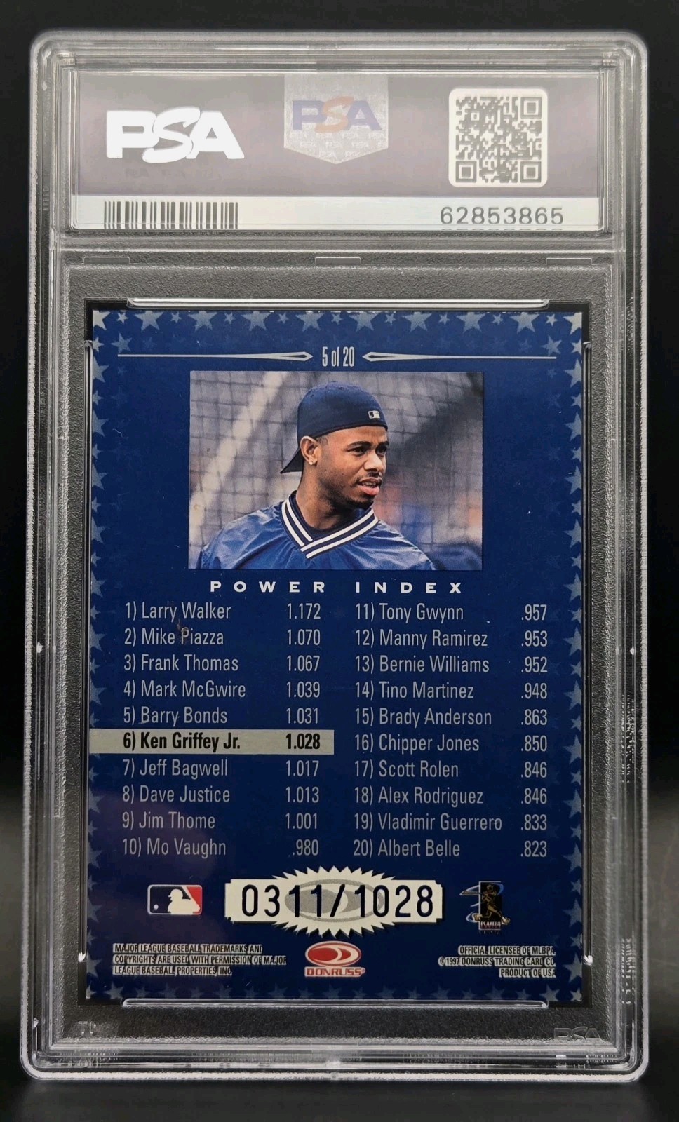 1998 Donruss Production Line Ken Griffey Jr Power Index /1028 #5 PSA 9 MINT view 4