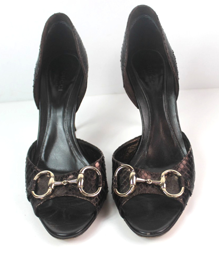 Gucci brown python leather peep toe heels size 8B… - image 1