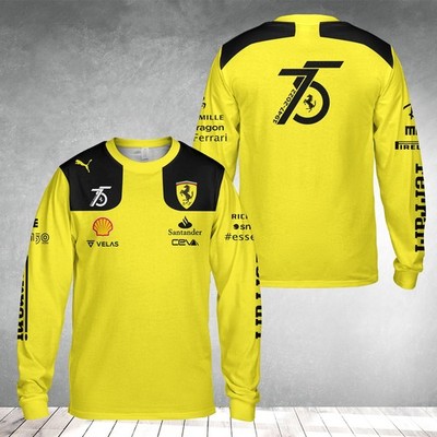 Custom Name -Men's Ferrari Logo 3D Polyester Yellow Long Sleeve Shirt - All Size