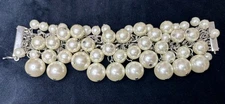 Vintage Style Pearl Cluster Bracelet Heavy Statement Wide Cuff Magnetic Clasp