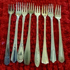 8 Vintage Mismatched Silverplate Seafood Cocktail Hors D'oeuvres Forks 1920's