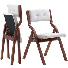 Uimoso Wooden Folding Chairs with Padded Cushion and Wooden Frame White Set of 2