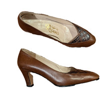 VTG Salvatore Ferragamo Brown Leather Lizard Pumps Low Block Heels Womens 3.5 B