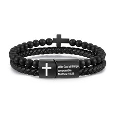 Men's Cross Bracelet for Men - Bible Verse Bead Rosary Braided Black Genuine ...
