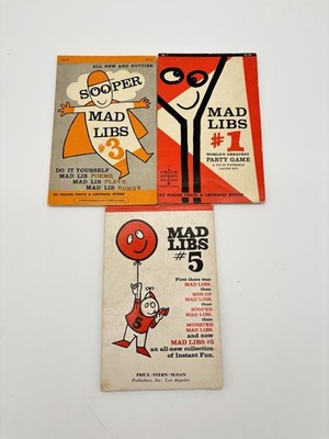 Vintage Mad Libs LOT of 3 Unused 1950s 1960s Party Game Books #1 #5 & Sooper #3