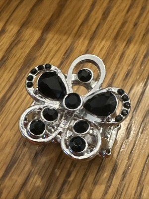 J CREW 3D Flower Butterfly Black Onyx Rhinestone Silver Ring BID 4 CHARITY 335