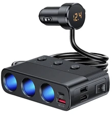 7-in-1 Cigarette Lighter Splitter 3 Socket Car Charger Adapter PD 2 USB 12V/24V