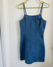 BP Solid Blue Denim Bodycon Mini Dress Strappy Square Neck Zip Size 2