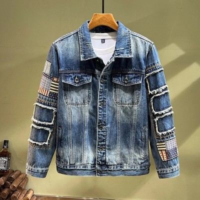 Luxury Men Denim Jacket Fashion Ripped Casual Trendy High Street Retro Jean Coat