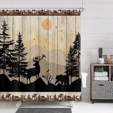 Cabin Shower Curtain, Rustic Shower Curtain Set, Cute Bear Deer Forest Print