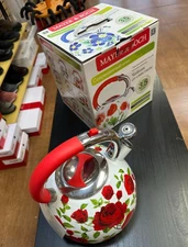 MAYER & BOCH ENAMEL WHISTLING TEA KETTLE 6.0 L RED POPPY FLORAL DESIGN