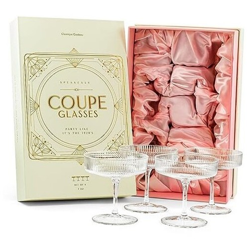 Vintage Art Deco Coupe Glasses | Set of 4 | 7 oz Classic Cocktail Glassware