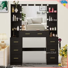 Vanity Set with LED Lighted Mirror &7 Drawer Women Makeup Dressing Table Dresser