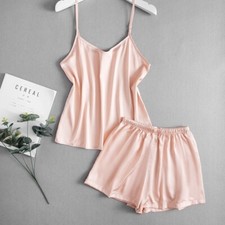 Damen Schlafanzug Set Eis Seide Spaghetti Trägertop Shorts Satin Nachtwäsche Neu