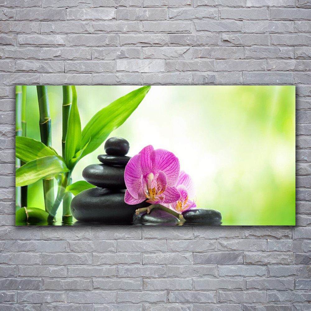Tableau moderne floral et pierres zen grande taille 120x60 cm pour habillage mural