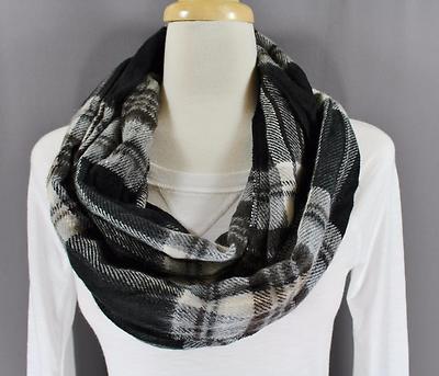 Black Grey plaid check super soft scarf circle infinity endless loop ...
