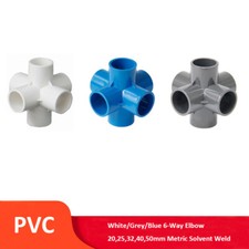 PVC 6-Way Elbow 20mm-50mm Solvent Weld Pressure Pipe Connector White/Grey/Blue