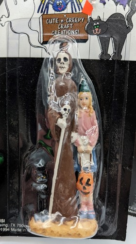 2 Vintage Cute n' Creepy Halloween Figurines Graveyard Ghost Grim Reaper Skull - Picture 4 of 9