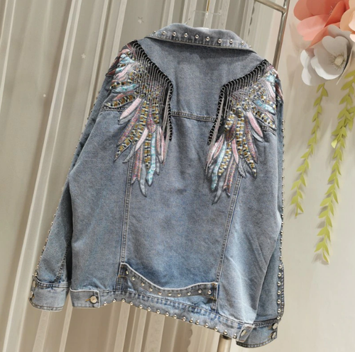 Embroidered Feather Wings Denim Jacket Beaded Indie Hippie Tassel Studs Festival - Picture 3 of 9