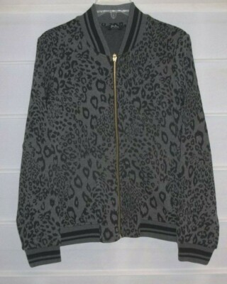 Du Jour QVC France Black Gray Leopard Print Knit LS Sweater Jacket Small NWOT!
