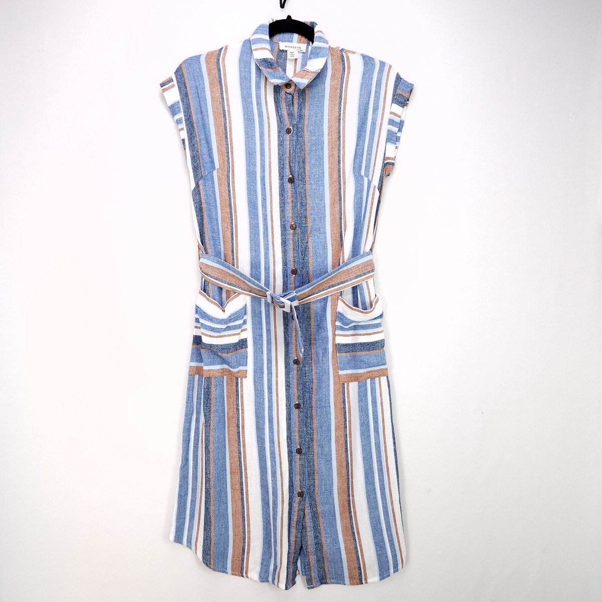 Monteau Linen Blend Dress Womens XS Button Up Belted Collar Blue Strip Pockets Monteau Linen Blend Dress Womens XS Button Up Belted Collar Blue Strip Pockets